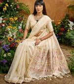 Cream ethnic motifs woven design saree with unstitched blouse