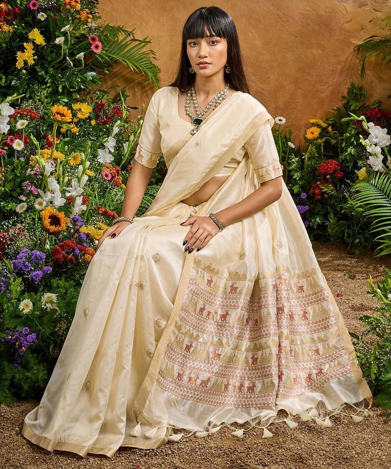 Cream ethnic motifs woven design saree with unstitched blouse