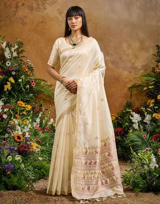 Cream ethnic motifs woven design saree with unstitched blouse 2