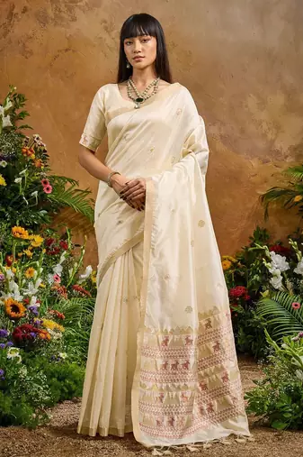 Cream ethnic motifs woven design saree with unstitched blouse