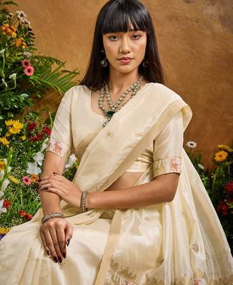 Cream ethnic motifs woven design saree with unstitched blouse 3