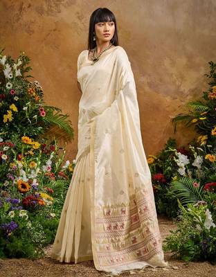 Cream ethnic motifs woven design saree with unstitched blouse 4