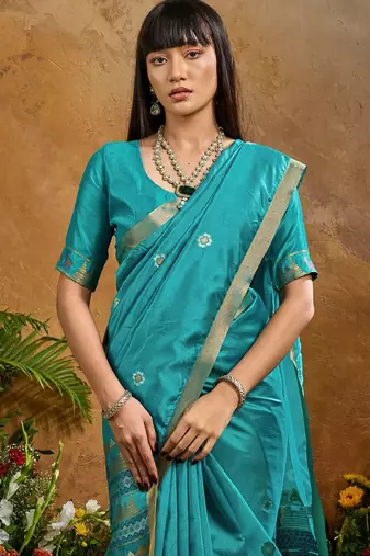 Blue ethnic motifs woven design saree with unstitched blouse