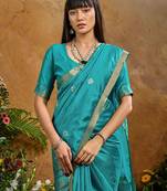 Blue ethnic motifs woven design saree with unstitched blouse