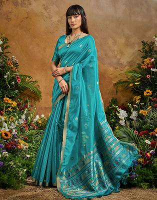 Blue ethnic motifs woven design saree with unstitched blouse 2