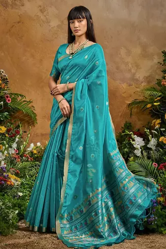 Blue ethnic motifs woven design saree with unstitched blouse