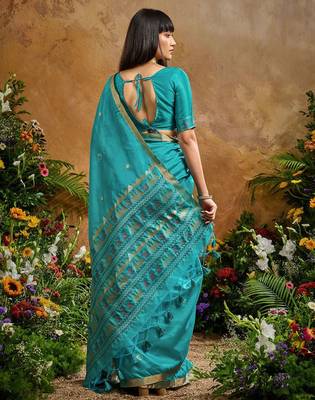 Blue ethnic motifs woven design saree with unstitched blouse 3
