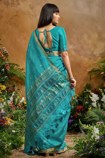 Blue ethnic motifs woven design saree with unstitched blouse