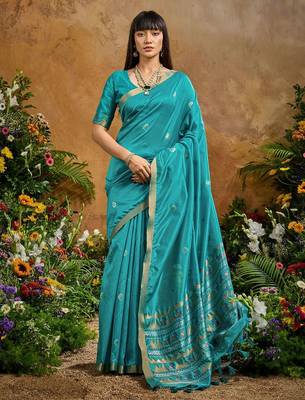 Blue ethnic motifs woven design saree with unstitched blouse 4