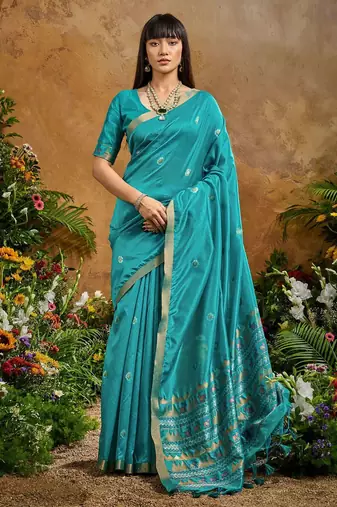 Blue ethnic motifs woven design saree with unstitched blouse