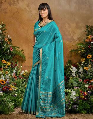 Blue ethnic motifs woven design saree with unstitched blouse 5