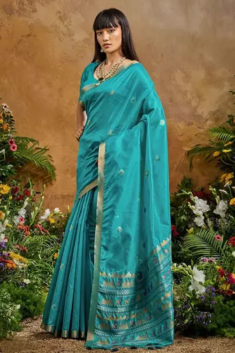 Blue ethnic motifs woven design saree with unstitched blouse