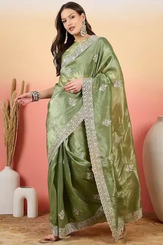 Sea green women embroidered saree with blouse
