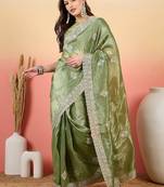 Sea green women embroidered saree with blouse