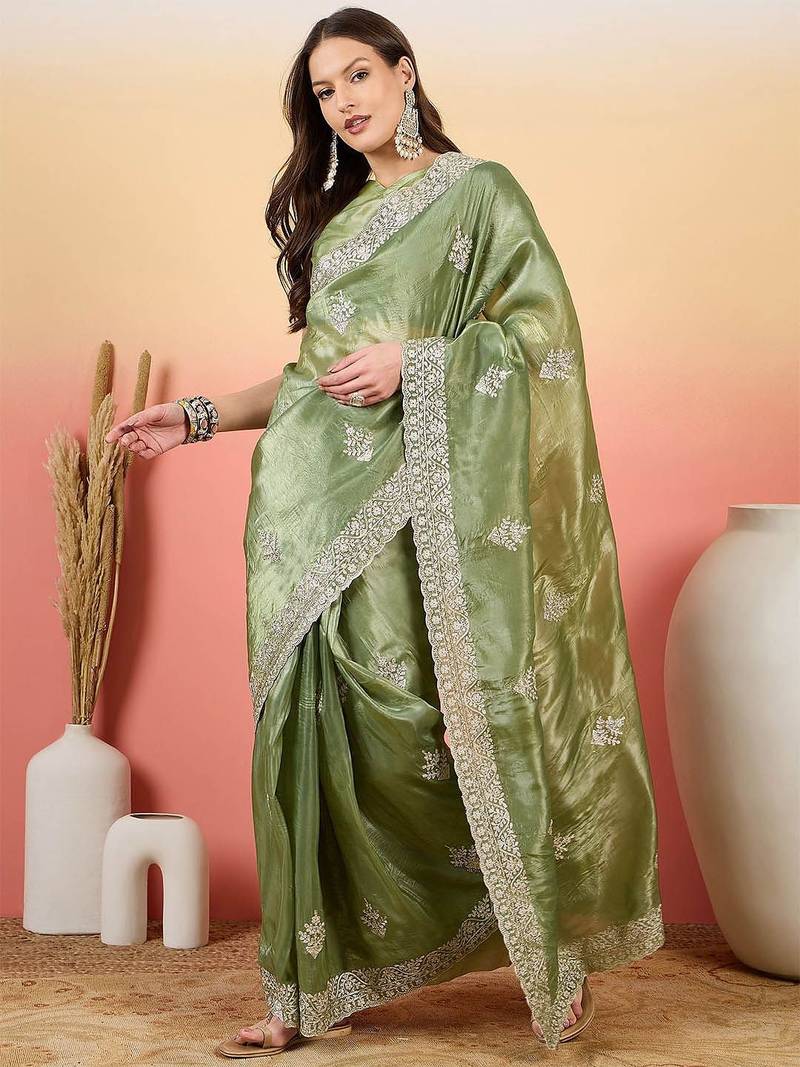 Sea green women embroidered saree with blouse