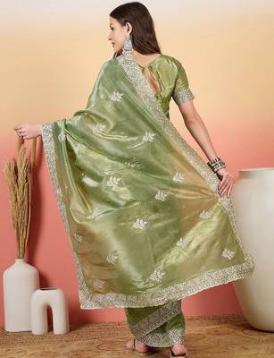 Sea green women embroidered saree with blouse 2