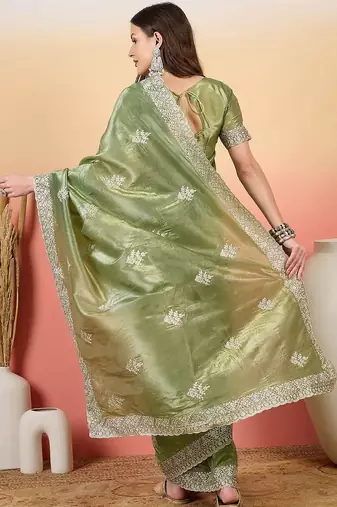 Sea green women embroidered saree with blouse