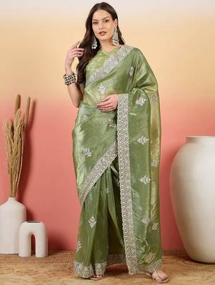 Sea green women embroidered saree with blouse 3