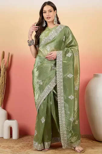 Sea green women embroidered saree with blouse