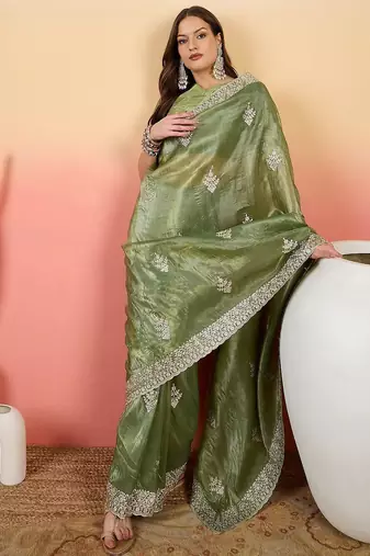 Sea green women embroidered saree with blouse