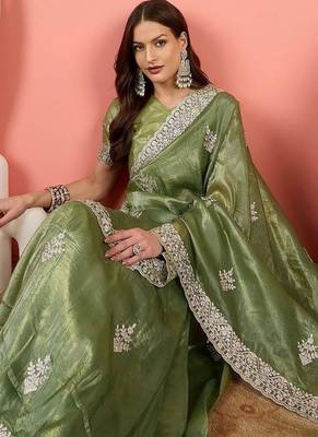 Sea green women embroidered saree with blouse 5