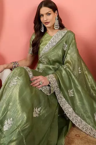 Sea green women embroidered saree with blouse