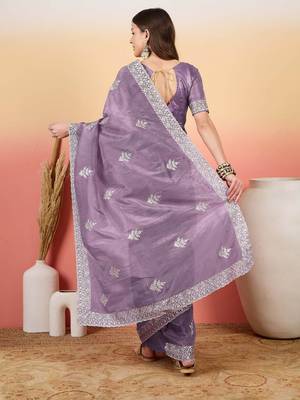 Purple embroidered saree  with blouse 3