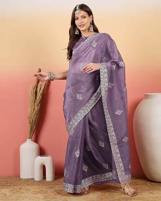 Purple embroidered saree  with blouse 4