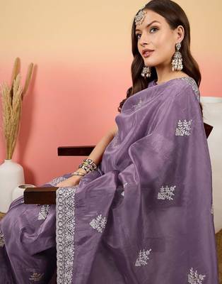 Purple embroidered saree  with blouse 5