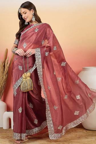 Pink embroidered saree with blouse