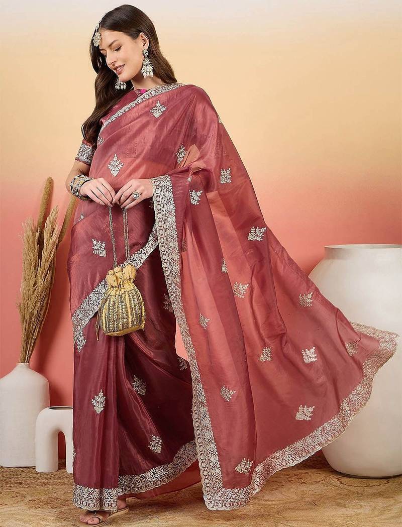 Pink embroidered saree with blouse