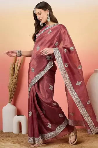 Pink embroidered saree with blouse