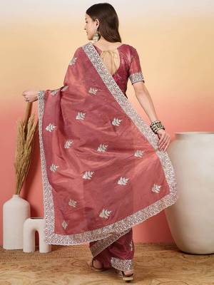 Pink embroidered saree with blouse 3