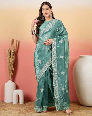 Teal embroidered saree with blouse 1