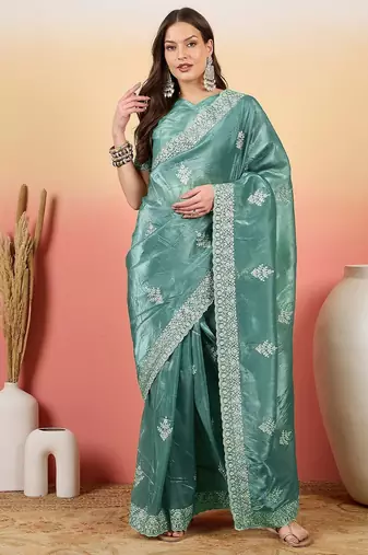 Teal embroidered saree with blouse