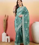 Teal embroidered saree with blouse