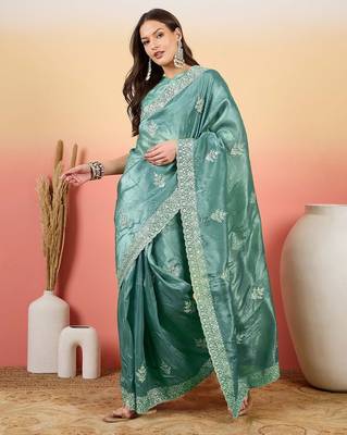 Teal embroidered saree with blouse 2