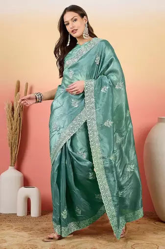 Teal embroidered saree with blouse