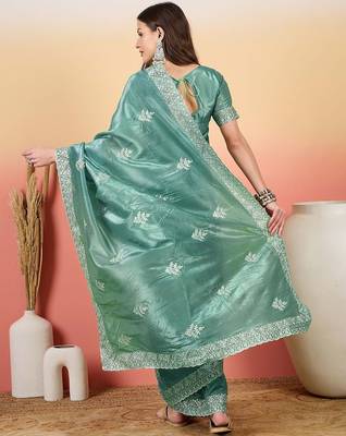 Teal embroidered saree with blouse 3