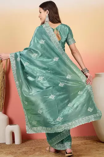 Teal embroidered saree with blouse