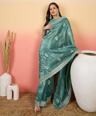 Teal embroidered saree with blouse 4