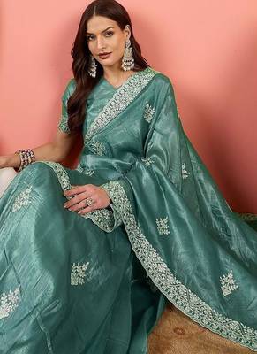 Teal embroidered saree with blouse 5