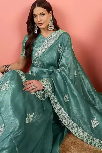 Teal embroidered saree with blouse