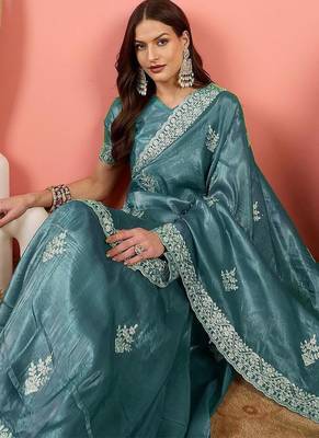 Teal women embroidered  saree 1