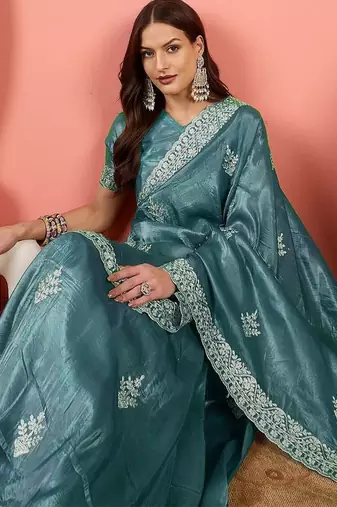 Teal women embroidered  saree