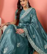 Teal women embroidered  saree