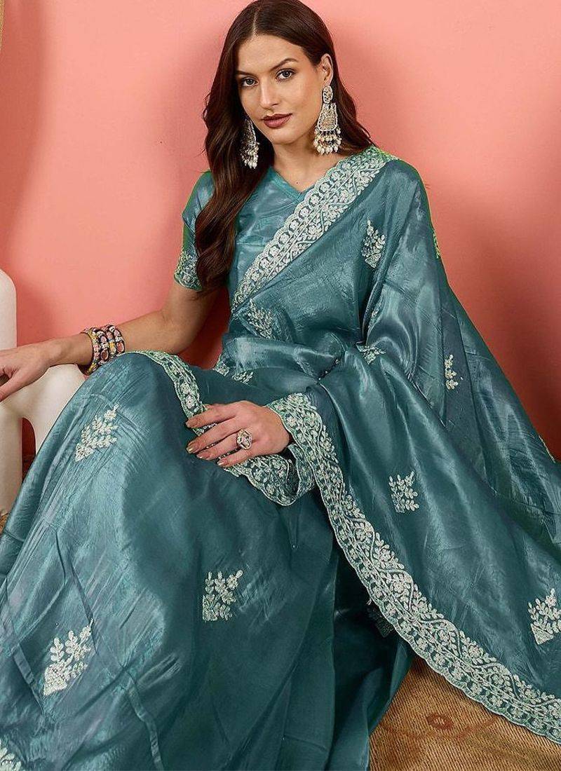 Teal women embroidered  saree