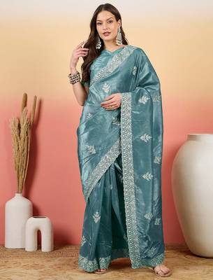 Teal women embroidered  saree 2