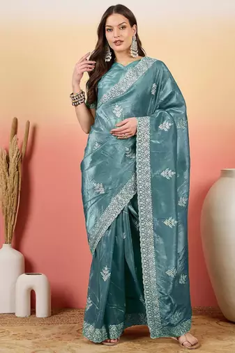 Teal women embroidered  saree