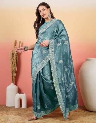 Teal women embroidered  saree 3